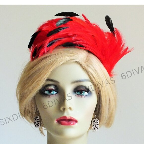 Flamboyant Red and Black Feathers Fascinator on a Headband - Picture 1 of 11